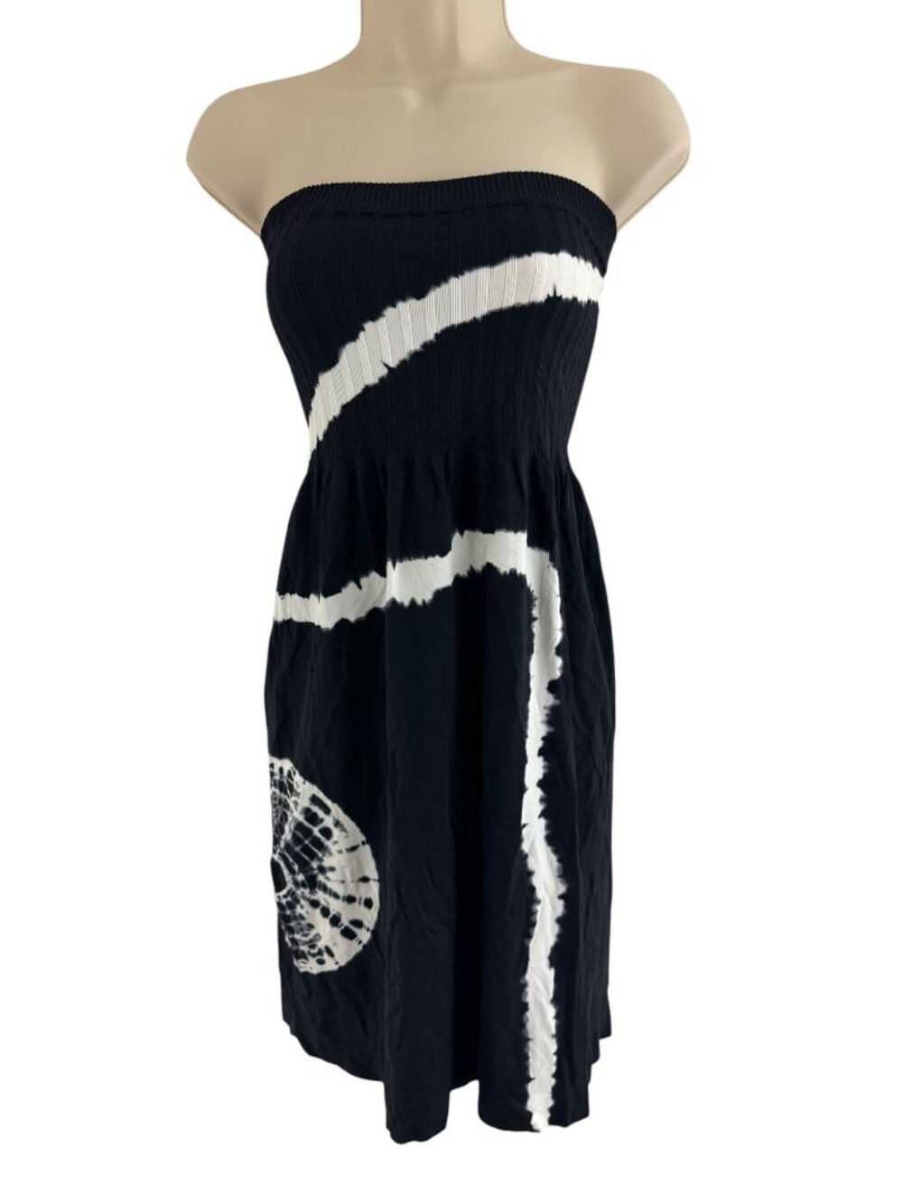 Black White Tie-Dye Smocked Bodice Strapless Dress Swim Cover Up One Size Venus